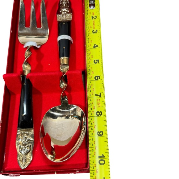 VTG Thailand Salad Serving Spoon Fork Bronze Gold Black 10” Meditating Figures - Picture 5 of 9